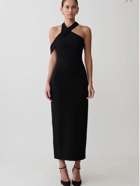 Meshki Sable Black Cross-Neck Midi Dress